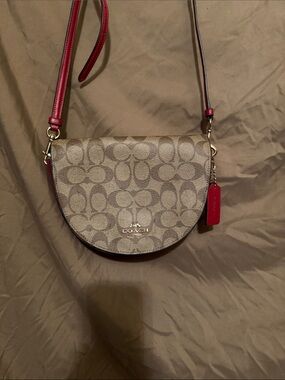 Coach Brown Signature Half-Moon Crossbody with Red Trim